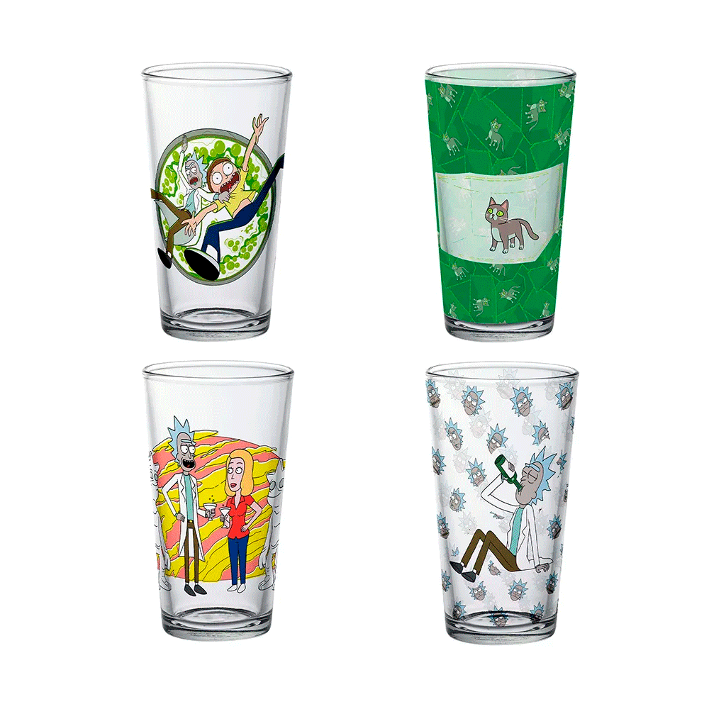 Set de Vasos de Vidrio – Rick and Morty Season 4 (4 Pack, 500 ml)